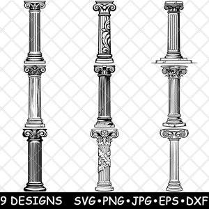 Romeinse zuil oude Dorische ionische pilaar steen tempel kunst laserbestand SVG PNG JPG grijswaarden afbeelding branden gesneden vector Coaster zwart wit CNC hout