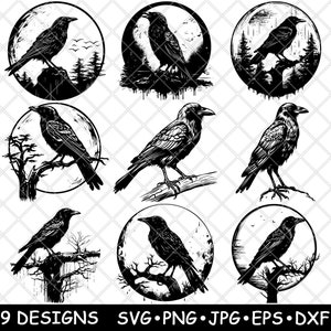 Raaf kraai volle maan angstaanjagend donker gotisch Halloween vogel laserbestand SVG PNG JPG grijswaarden afbeelding branden gesneden vector Coaster zwart wit CNC hout