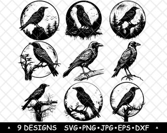 Raven Bird SVG Bundle Gothic Crow Clipart Forest Wildlife Vector Art Dark Nature Decor Laser PNG