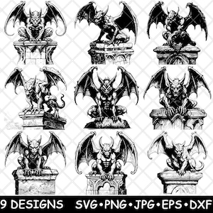 Può includere: Nove illustrazioni in bianco e nero di gargoyle in varie pose, appollaiate su piedistalli di pietra. Ogni gargoyle ha grandi ali e un'espressione minacciosa. L'immagine include il testo "9 DESIGNS SVG PNG JPG EPS DXF".