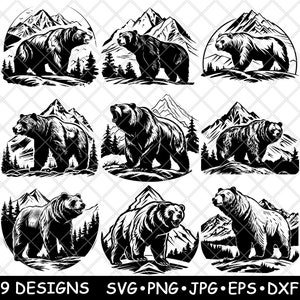 Paquete de archivos SVG de osos, imágenes prediseñadas de osos grizzly de montaña, archivos vectoriales de vida silvestre, arte de grabado láser