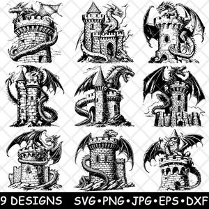 May include: Nine black and white illustrations of dragons perched on top of towers. Each dragon is in a different pose, with some facing forward and others facing sideways. The towers are all different shapes and sizes, with some having windows and others having doors.