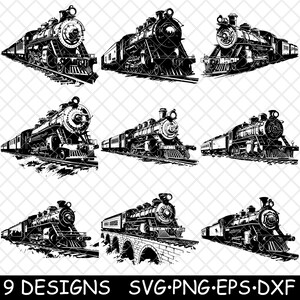 May include: Nine black and white silhouette designs of vintage steam locomotives. Each locomotive is facing forward and has a tender car attached. The designs are perfect for crafting projects, scrapbooking, and digital design.
