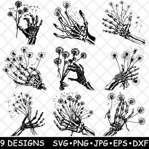 Skelett Hand Pusteblume Blumen Blumenstrauß Todeswunsch Schlag Laserdatei SVG PNG JPG Brennen Bild geschnitten SVG
