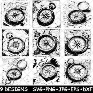 Vintage kompas wereldkaart nautische cartografie richting laserbestand SVG PNG JPG grijswaarden afbeelding branden gesneden vector Coaster zwart wit CNC hout