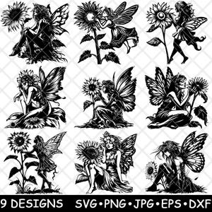 Sonnenblume Fee Magische Blume Pixie Fantasie Verzauberte Kunst Laserdatei SVG PNG JPG Brennen Bild geschnitten SVG