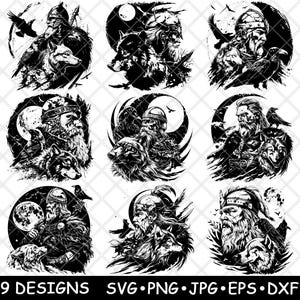 Viking Warrior Raaf Vogel Wolf Middeleeuwse Nordic Protector Laser Bestand SVG PNG JPG grijswaarden afbeelding branden gesneden vector Coaster zwart wit CNC hout