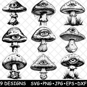 May include: Nine black and white illustrations of mushrooms with a single eye on the top of each mushroom cap. The mushrooms are in various poses and angles.