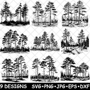 May include: Nine black and white silhouette designs of pine trees in a forest setting. Each design features a different arrangement of trees and foliage.