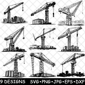 Może przedstawiać: Dziewięć czarno-białych ilustracji żurawi budowlanych, każda z innym projektem i tłem budynków. Obraz zawiera tekst "9 DESIGNS" oraz opcje typów plików: SVG, PNG, JPG, EPS i DXF.