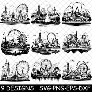 Pretpark kermis carnaval reuzenrad carrousel laserbestand SVG PNG JPG grijswaarden afbeelding branden gesneden vector Coaster zwart wit CNC hout