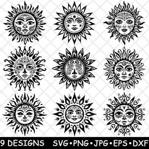 Sun Face Boho Sunburst Festive Tattoo Tribal Energy Rays Laser File SVG PNG JPG Grayscale Burn Image Cut Vector Coaster Black White Cnc Wood