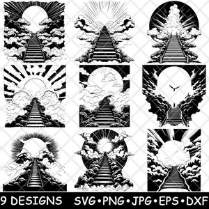 Heavenly Stairway Stairs Celestial Steps Divine Path Sky Laser File SVG PNG JPG Grayscale Burn Image Cut Vector Coaster Black White Cnc Wood