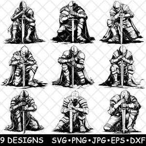 May include: Nine black and white illustrations of a knight kneeling in prayer with a sword in their hands. The knight is wearing armor and a helmet. The sword is held upright in front of the knight.