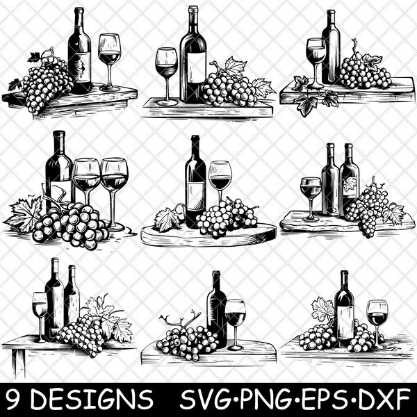 Sparkling Red Wine Rose White Champagne Grape Pure Liquor Pinot SVG,Dxf,Eps,PNG,Cricut,Silhouette,Cut,Laser,Stencil,Iron-on,Clipart,Print