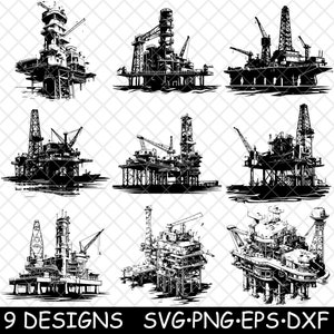 May include: Nine black and white silhouette illustrations of offshore oil rigs. The rigs are depicted in various configurations, including platforms with multiple levels and towers.