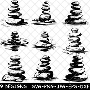 Piedras Zen Meditación Equilibrio Mente Tranquila Yoga Spa Arte Archivo Láser SVG PNG JPG Escala de Grises Quemar Imagen Cortar Vector Posavasos Negro Blanco CNC Madera