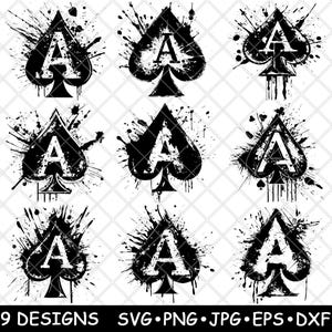 Cartas de revestimento do alfabeto de espadas de letra A Ás Respingos de tinta Arquivo a laser SVG PNG JPG Tons de cinza Imagem de queimadura Corte de vetor Coaster Preto Branco Cnc Madeira