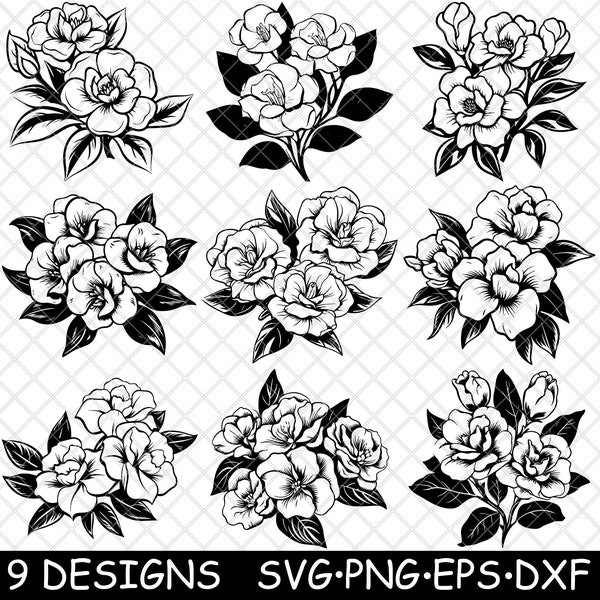 Gardenia flower Plant Bouquet Bloom Garden bush Shrub Floral House SVG,Dxf,Eps,PNG,Cricut,Silhouette,Cut,Laser,Stencil,Iron-on,Clipart,Print