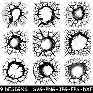 Peut inclure: Neuf illustrations en noir et blanc de cercles fissurés et brisés. Les fissures sont irrégulières et pointues, créant un effet dramatique.
