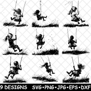 Meisje swingend grasveld Happy Childhood Freedom Laserbestand SVG PNG JPG grijswaarden branden afbeelding gesneden vector Coaster zwart wit CNC hout