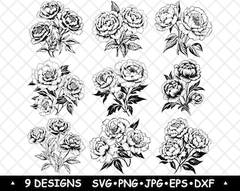 Peony Flower SVG Floral Bouquet Files Botanical Bloom Clipart Wedding Laser Engraving Cricut Designs