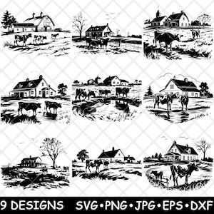 Cows Farmhouse Cattle Ranch Barn Livestock Country Shed Laser File SVG PNG JPG Grayscale Burn Image Cut Vector Coaster Black White Cnc Wood