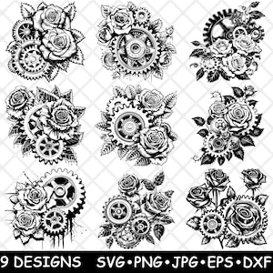 Mechanische Zahnräder Rosen Blume Natur Fusion Steampunk Laser Datei SVG PNG JPG Graustufen Brennen Bild Schnitt Vektor Untersetzer Schwarz Weiß Cnc Holz