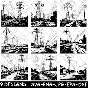 May include: Nine black and white illustrations of power lines and electrical towers. The illustrations are in a vintage style and feature a variety of perspectives.
