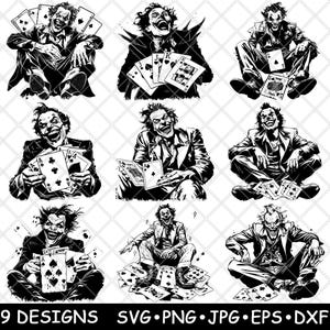 Clown effrayant qui rit jeu de cartes jeu de cartes effrayant méchant fichier laser SVG PNG JPG niveaux de gris gravure image coupe vecteur sous-bock noir blanc bois cnc