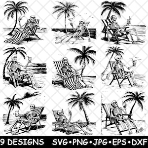 May include: Nine black and white illustrations of skeletons relaxing on beach chairs under palm trees. Each skeleton is wearing sunglasses and holding a tropical drink. The illustrations are perfect for creating fun and quirky designs for t-shirts, mugs, tote bags, and other products.