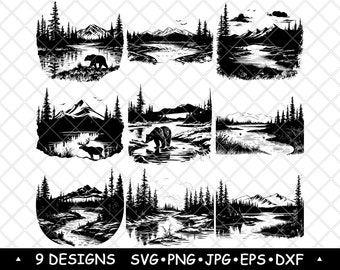 Mountain River SVG Bundle Bear Forest Landscape Files Wilderness Clipart Cabin Laser Engraving Designs