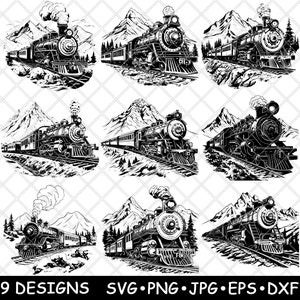 Locomotora de vapor, tren, vías de ferrocarril antiguas, archivo láser, SVG, PNG, JPG, escala de grises, imagen quemada, corte vectorial, posavasos, blanco y negro, CNC, madera