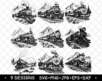 Op de afbeelding: Negen zwart-witte vectorillustraties van een stoomlocomotief met een berg op de achtergrond. De trein rijdt naar voren en bevindt zich op een spoor. De trein heeft een grote schoorsteen en een bel. De berg bevindt zich op de achtergrond en heeft een besneeuwde top.