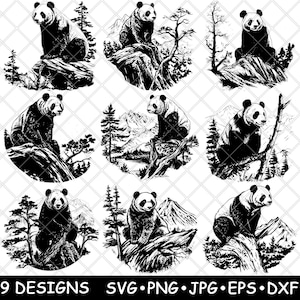 Galho de árvore de panda gigante, urso da China, animais selvagens ameaçados de extinção, arquivo a laser SVG, PNG, JPG, imagem queimada em tons de cinza, corte vetorial, porta-copos, preto, branco, madeira CNC