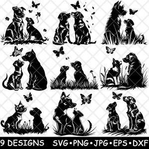 Hond puppy vlinders hoektand familie speels vacht huisdier liefde laserbestand SVG PNG JPG grijswaarden afbeelding branden gesneden vector Coaster zwart wit CNC hout