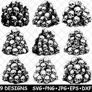 Puede incluir: Nueve ilustraciones en blanco y negro de pilas de cráneos humanos. Cada pila tiene una forma y un tamaño diferentes. Los cráneos están todos mirando hacia adelante y tienen un diseño simple.