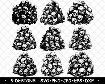 Pile of Skulls Skeleton Dead Bones Human Grave Gothic Laser File SVG PNG JPG Grayscale Burn Image Cut Vector Coaster Black White Cnc Wood