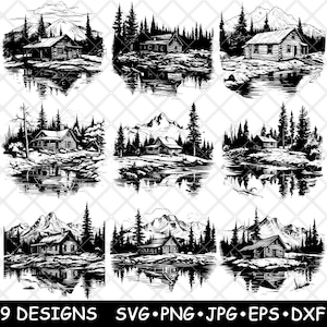 Rustieke blokhut Mountain Lake Retreat Cottage Scene Board Coaster zwart wit SVG, dxf, eps, png, glowforge, lightburn, cut, laser, grave, opstrijkbare