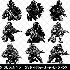 Soldaat politie Swat tactische eenheid militaire dienst uitrusting laserbestand SVG PNG JPG grijswaarden afbeelding branden gesneden vector Coaster zwart wit CNC hout