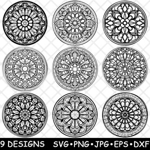 Gothic Rose Window Cathedral Stain Glass Medieval Church Laser File SVG PNG JPG Grayscale Burn Image Cut Vector Coaster Black White Cnc Wood