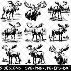 Bull Moose Elk Habitat Wildlife Nature Hunt Wilderness Laser File SVG PNG JPG Grayscale Burn Image Cut Vector Coaster Black White Cnc Wood