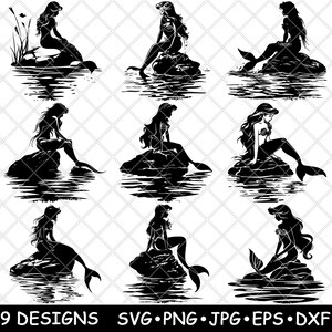 Meerjungfrau Rock Sitzen Meereskreatur Sirene Mythisch Fantasie Laser Datei SVG PNG JPG Brennen Bild geschnitten Untersetzer Schwarz Weiß Cnc Holz