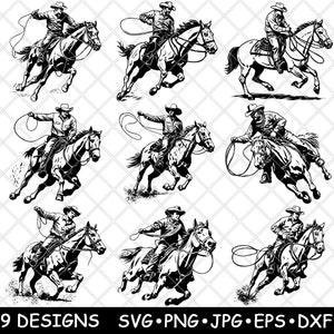 Peut inclure: Neuf illustrations en noir et blanc de cowboys à cheval. Chaque cowboy tient un lasso et est dans une pose différente. Les illustrations sont dans un style simple et cartoon.