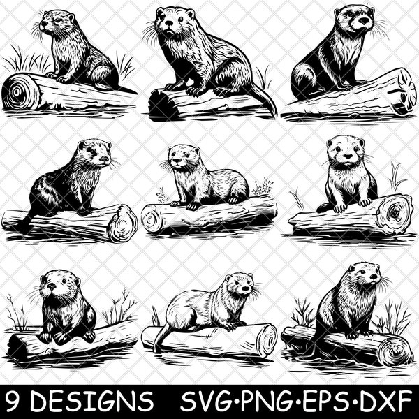 River Otter Aquatic Sea Mammal Log Wood Cute Wildlife Playful Dive SVG,Dxf,Eps,PNG,Cricut,Silhouette,Cut,Laser,Stencil,Sticker,Clipart,Print