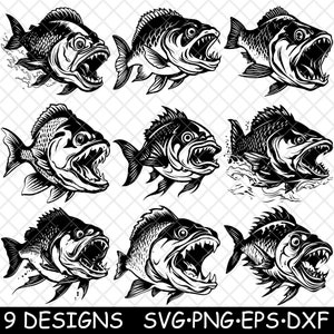 Piranha Carnivoro Denti affilati Rasoio Predatore Pesce Selvaggio Laser File SVG PNG JPG Scala di grigi Brucia Immagine Taglia Vettore Sottobicchiere Nero Bianco Cnc Legno