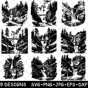 Può includere: Nove disegni in silhouette in bianco e nero di un ponte sopra una cascata. Ogni disegno presenta una prospettiva diversa del ponte e della cascata.