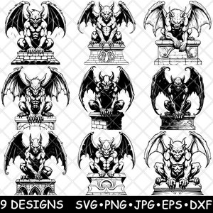 Statua in pietra gotica Gargoyle Grottesca scolpita medievale File laser SVG PNG JPG Scala di grigi Immagine bruciata Tagliata Vettore Sottobicchiere Nero Bianco Legno CNC