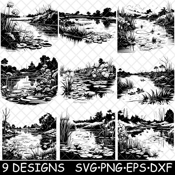 Pond Pool Swamp Lake Lagoon Water Reservoir Aquatic Habitat Garden SVG,Dxf,Eps,PNG,Cricut,Silhouette,Cut,Laser,Stencil,Sticker,Clipart,Print