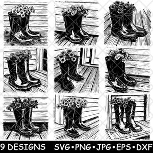 Regen Gummistiefel Blumen Garten Pflanzer Farm Cottage Laser-Datei SVG PNG JPG Brennen Bild geschnitten Vektor Untersetzer Schwarz Weiß Cnc Holz